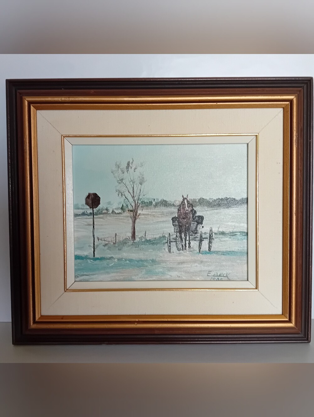 Vintage Original Winter Horse-Drawn Carriage Art Cream and Brown Framed